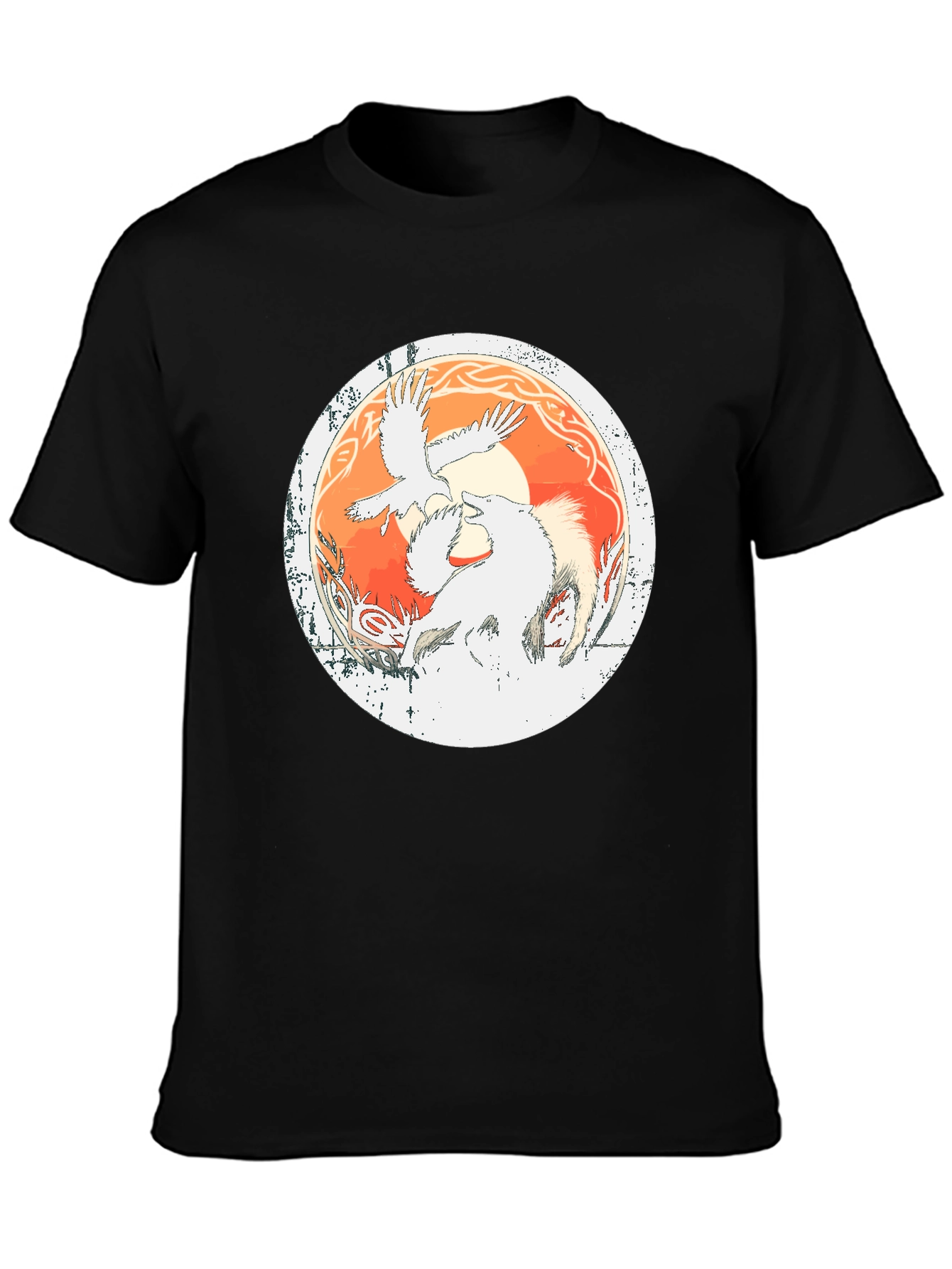 Viking Raven & Wolf Graphic Tee - Black Cotton Blend