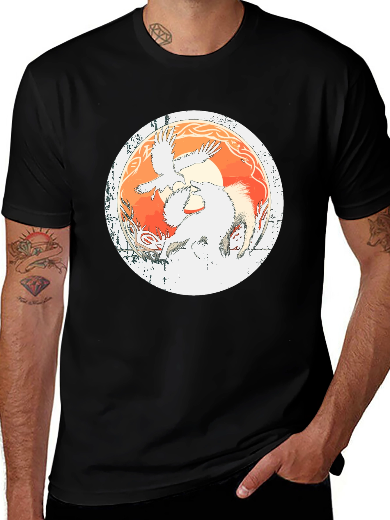 Viking Raven & Wolf Graphic Tee - Black Cotton Blend