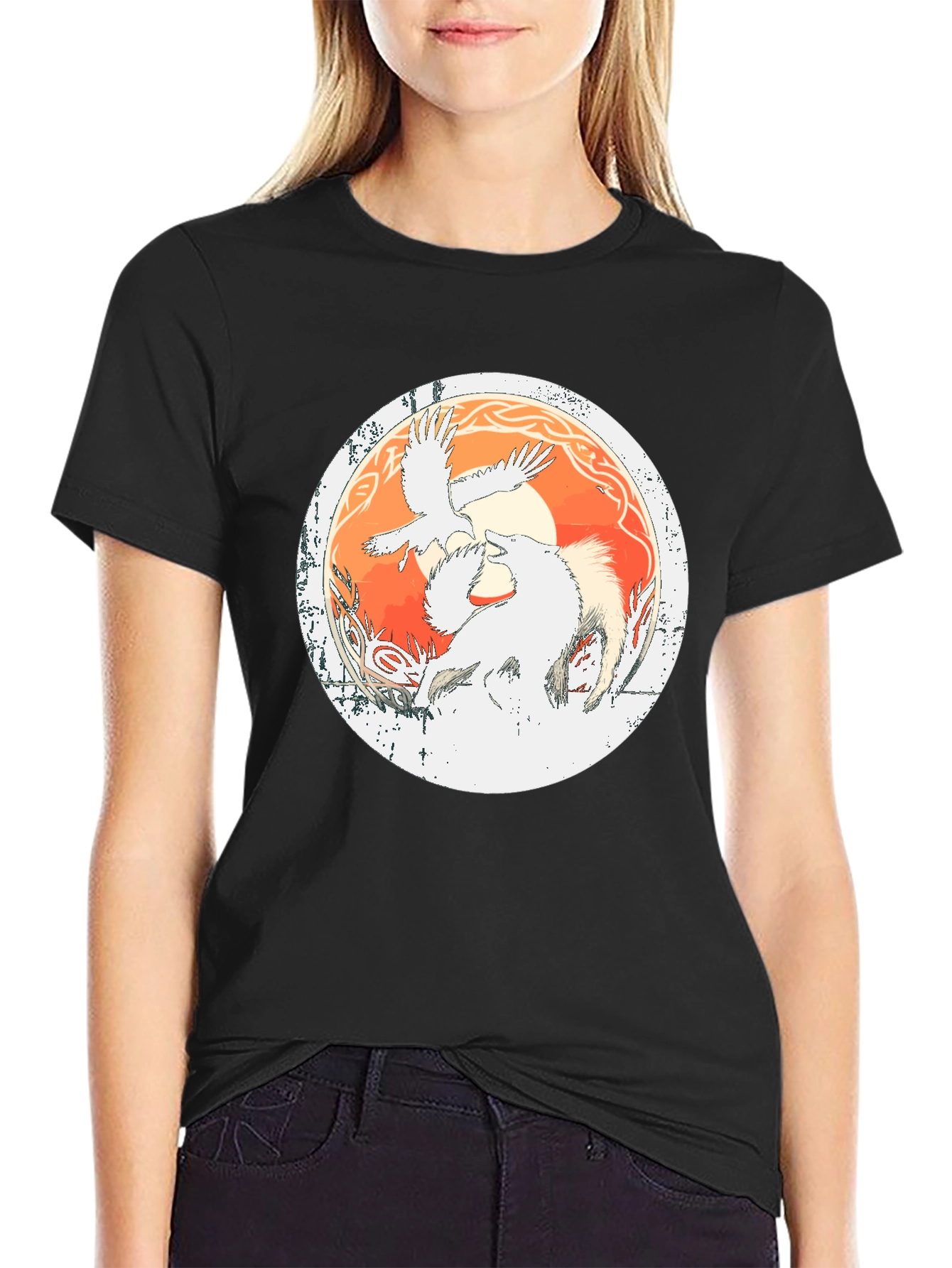 Viking Raven & Wolf Graphic Tee - Black Cotton Blend