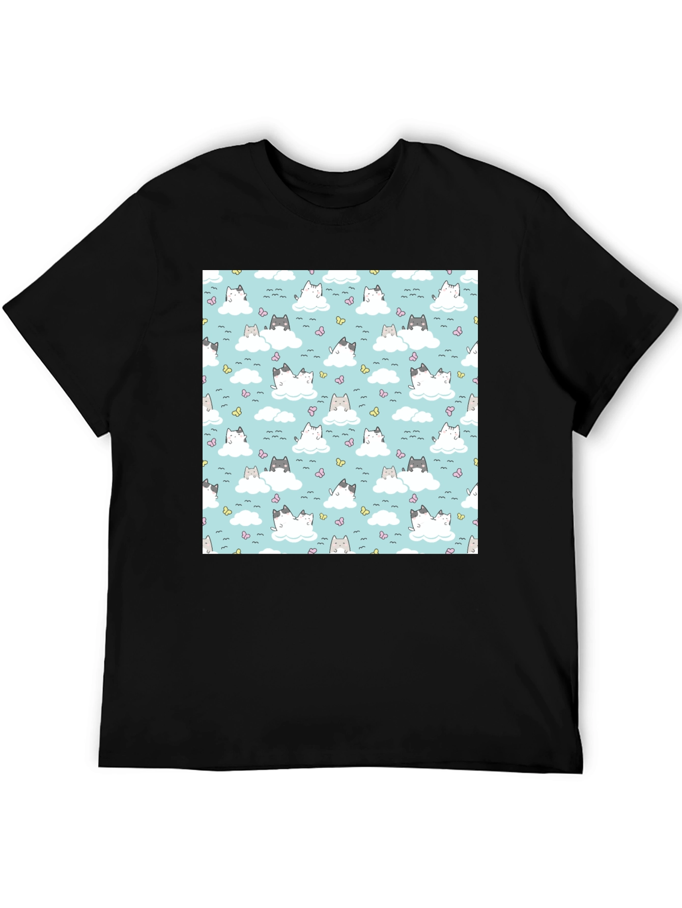 Cloud Cat Tee - Cute Pattern Black T-Shirt