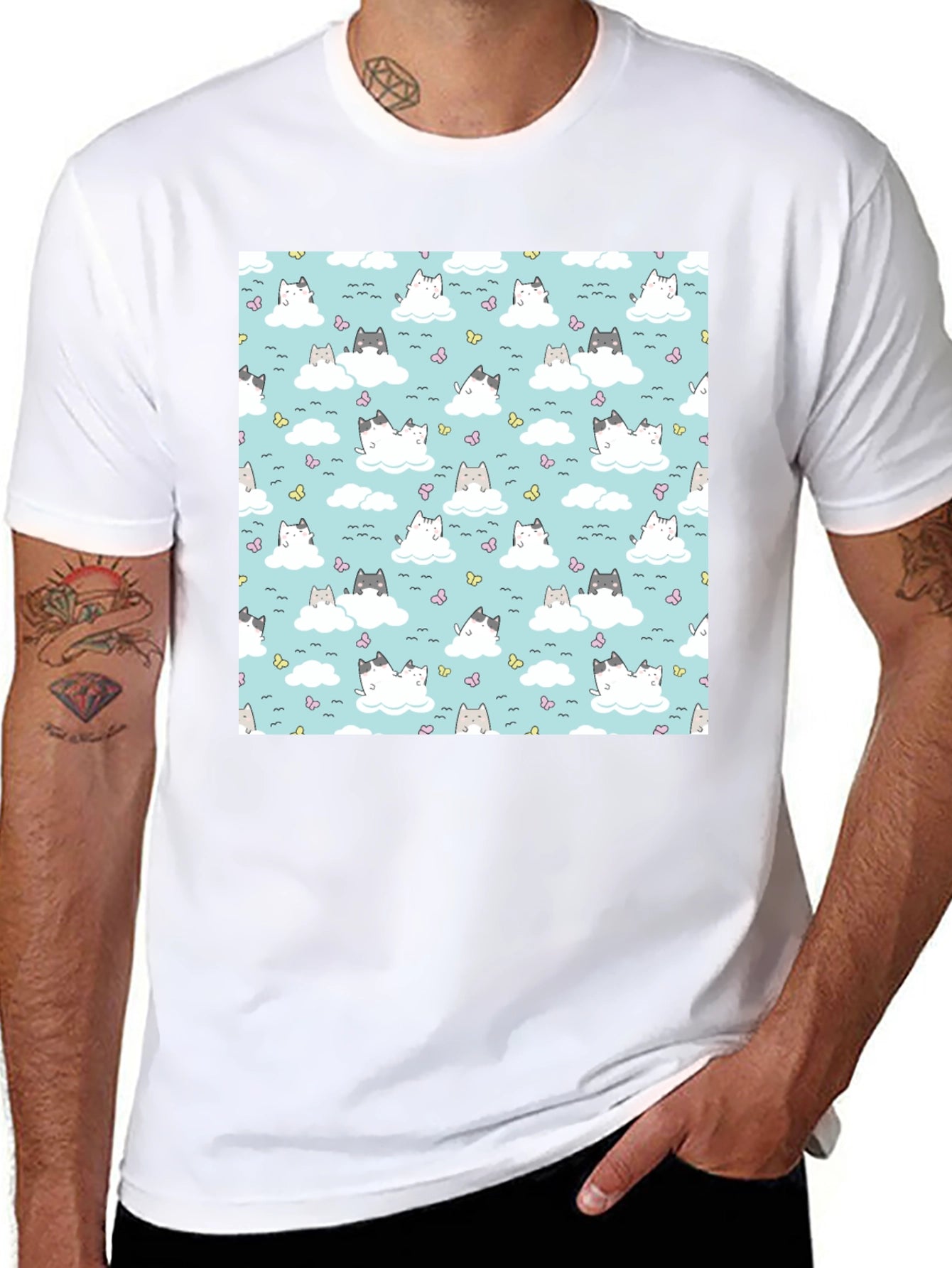 Cloud Cat Tee - Cute Pattern Black T-Shirt