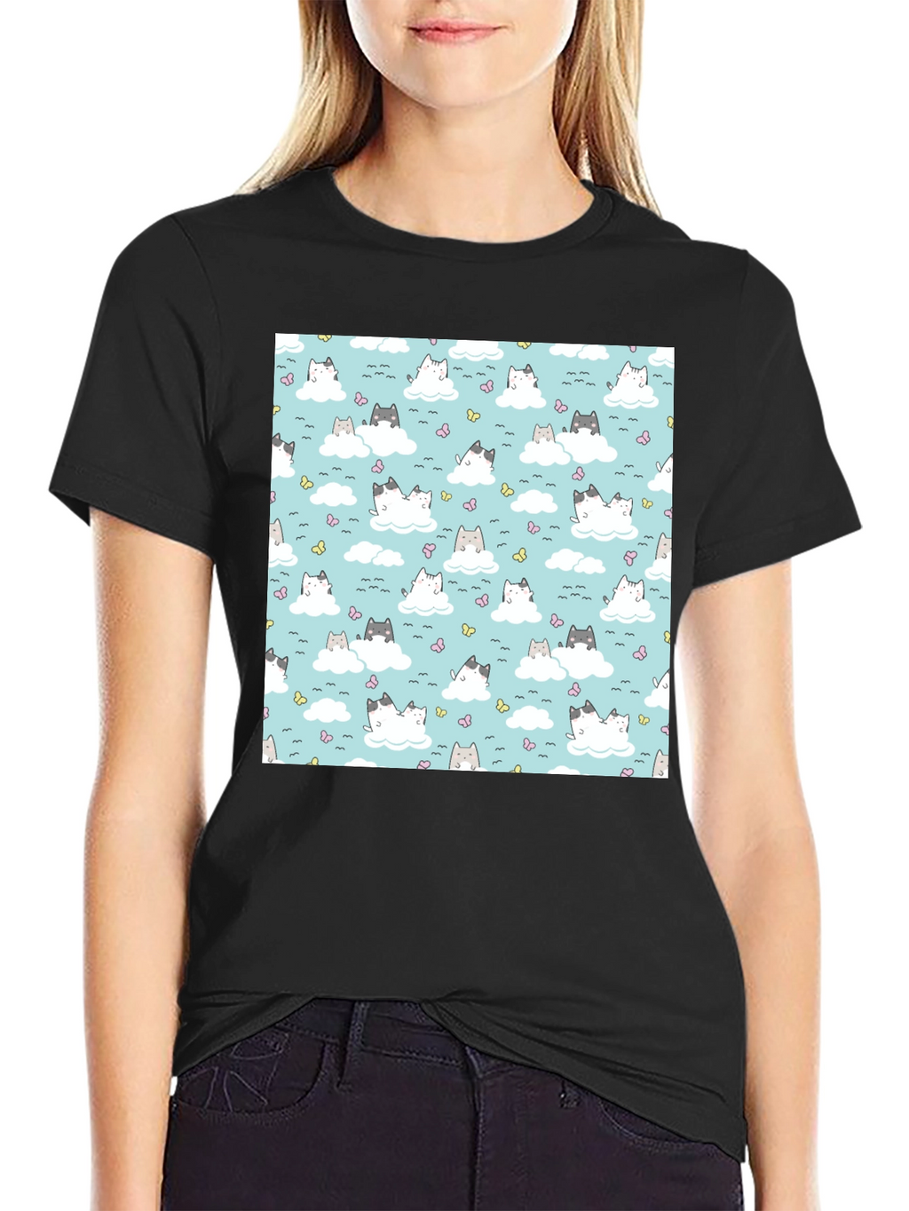 Cloud Cat Tee - Cute Pattern Black T-Shirt