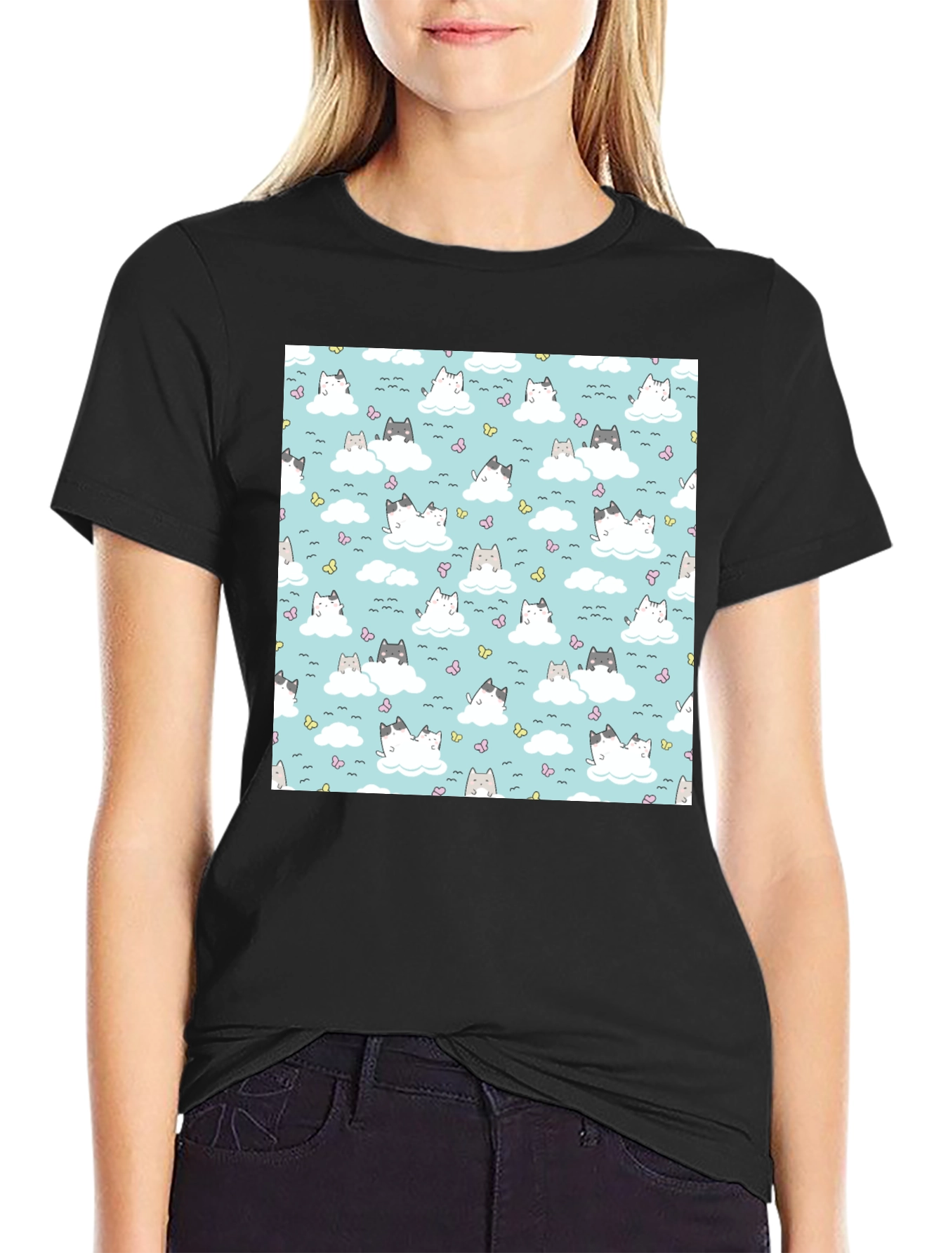 Cloud Cat Tee - Cute Pattern Black T-Shirt