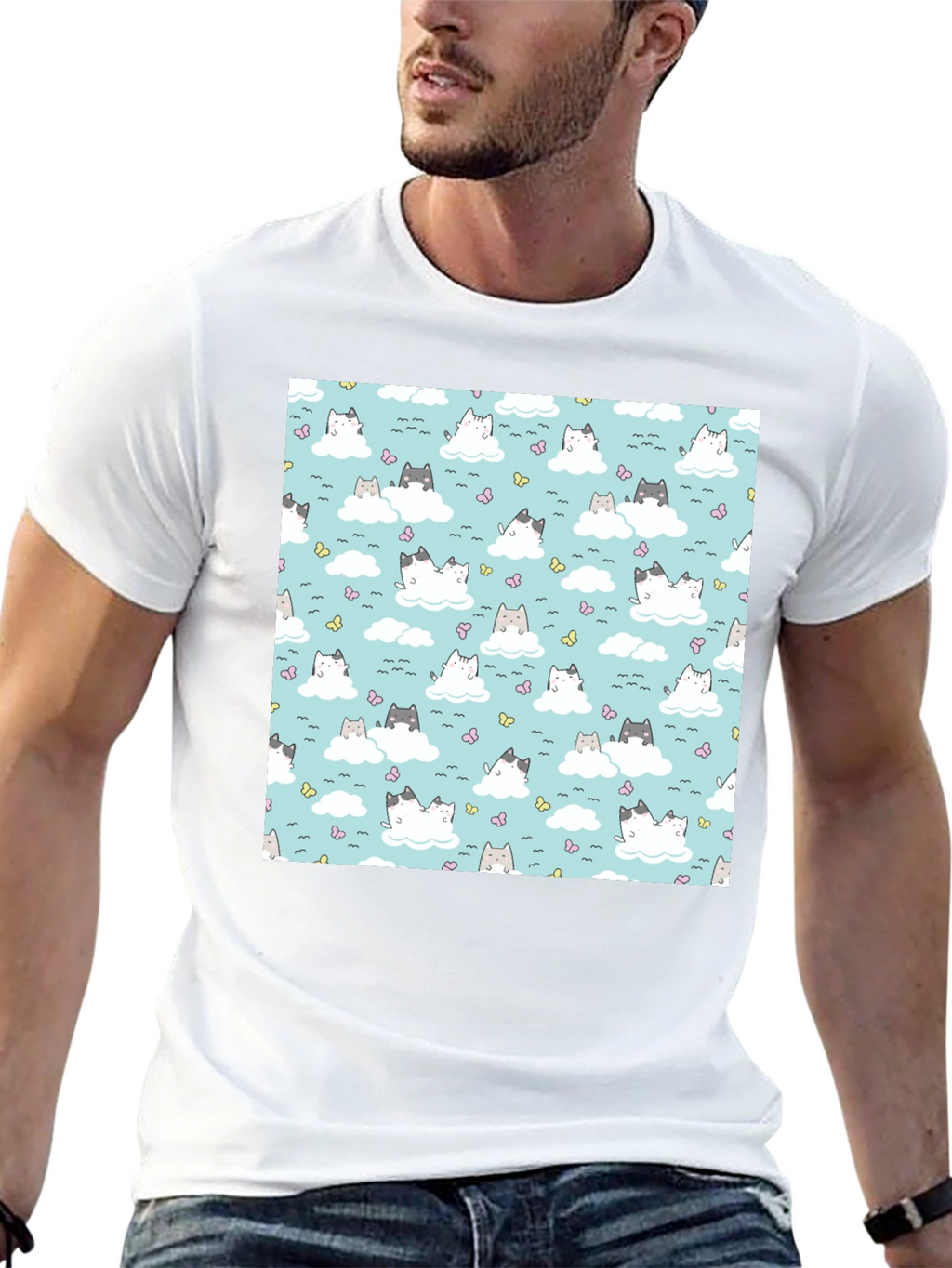 Cloud Cat Tee - Cute Pattern Black T-Shirt