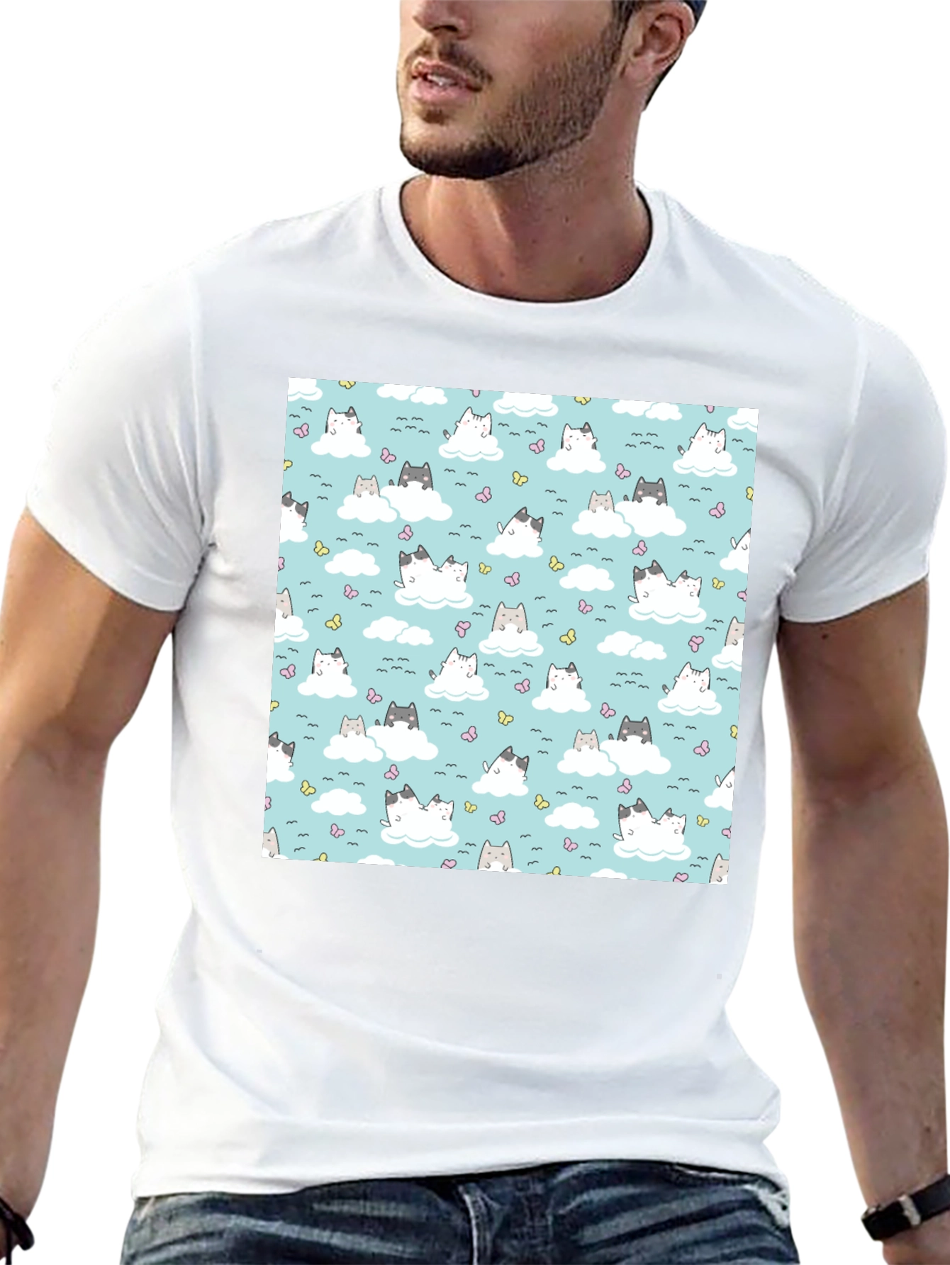 Cloud Cat Tee - Cute Pattern Black T-Shirt