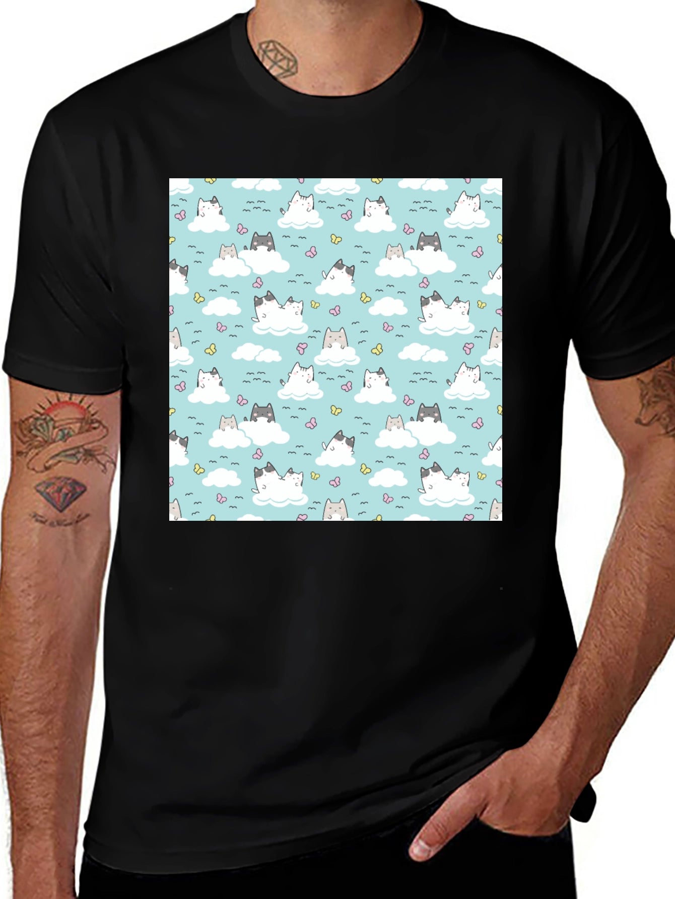 Cloud Cat Tee - Cute Pattern Black T-Shirt