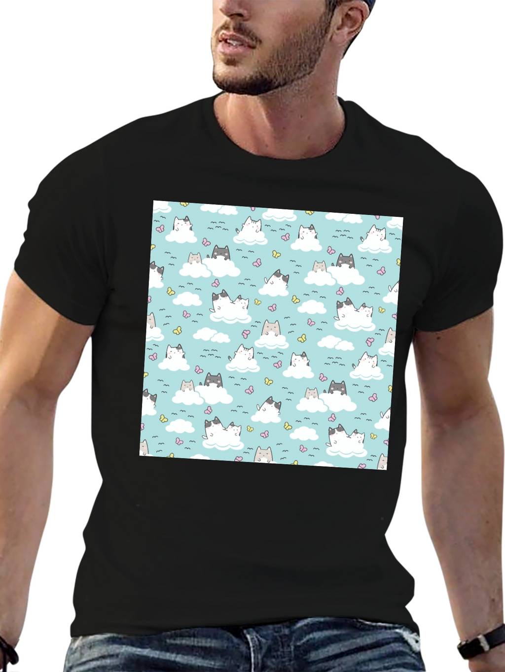 Cloud Cat Tee - Cute Pattern Black T-Shirt