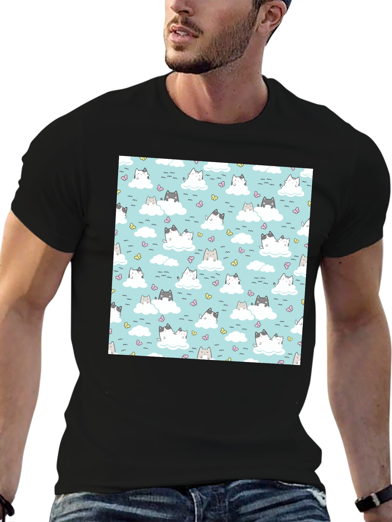 Cloud Cat Tee - Cute Pattern Black T-Shirt