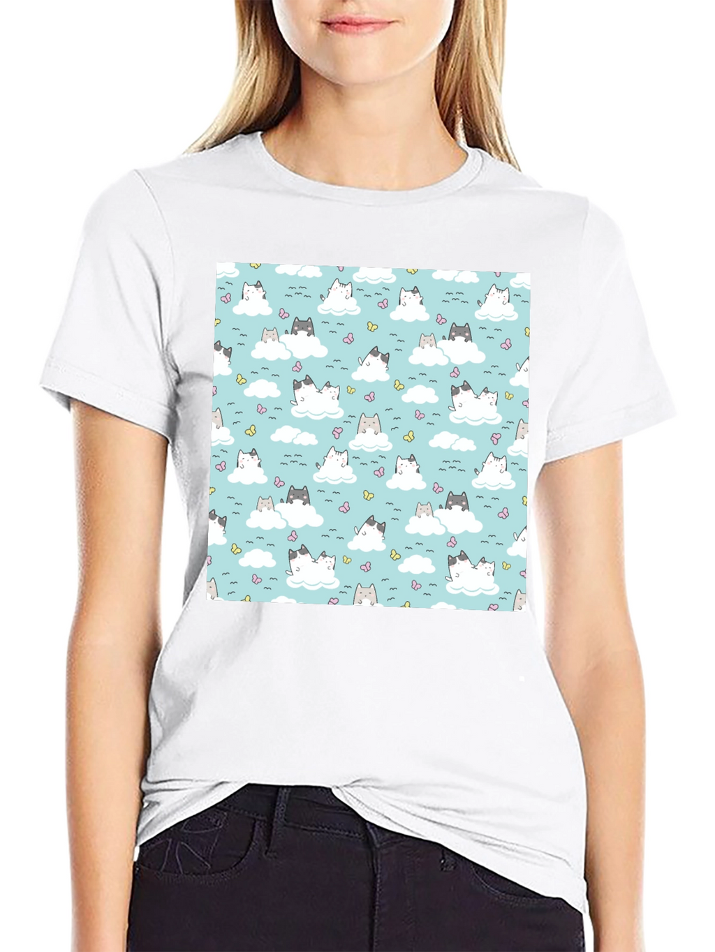 Cloud Cat Tee - Cute Pattern Black T-Shirt