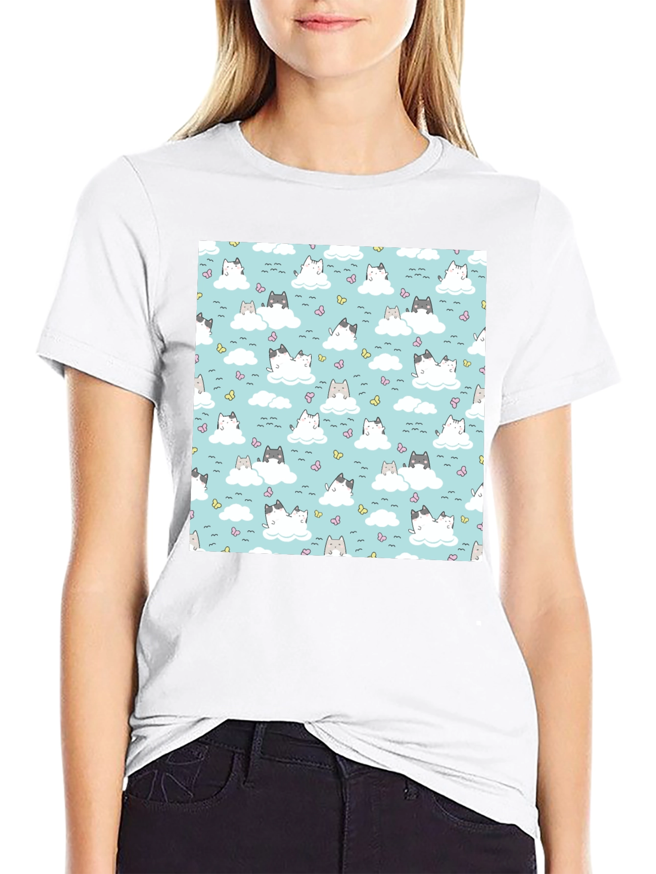 Cloud Cat Tee - Cute Pattern Black T-Shirt