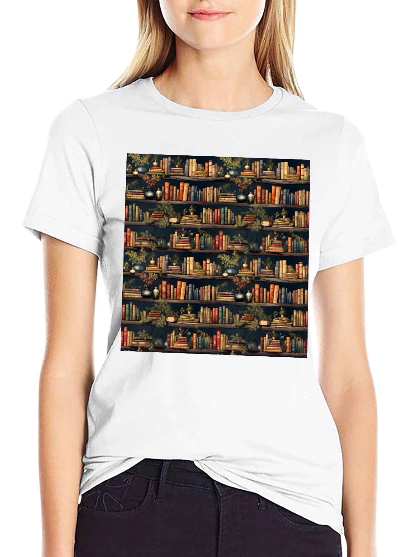 Book Shelf Patterned Black T-Shirt