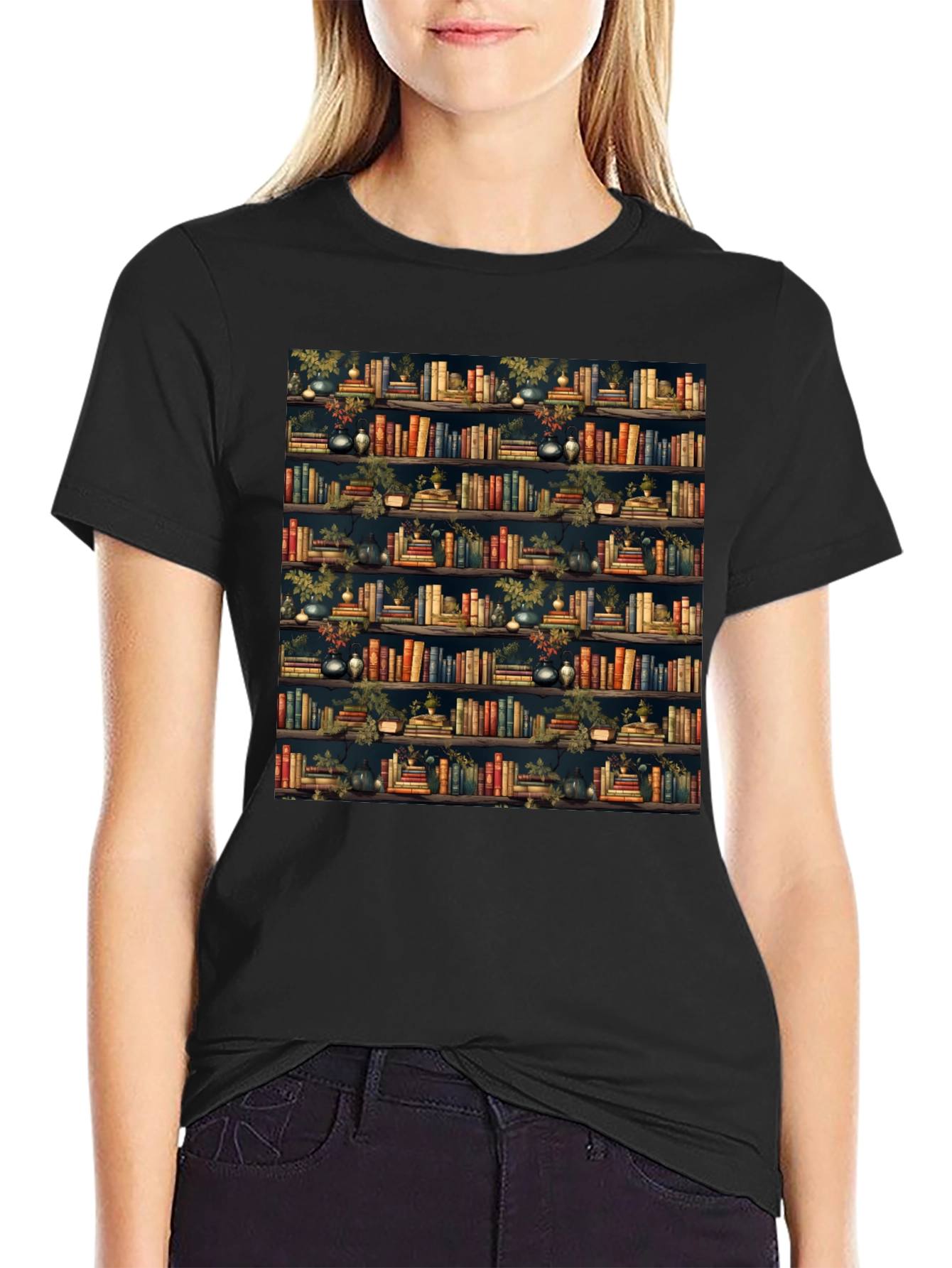 Book Shelf Patterned Black T-Shirt