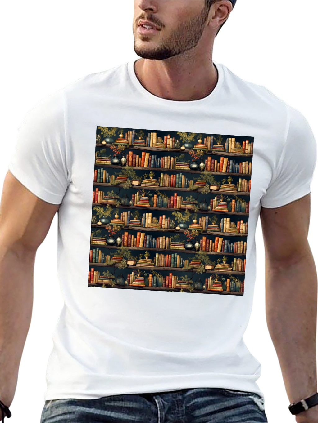 Book Shelf Patterned Black T-Shirt