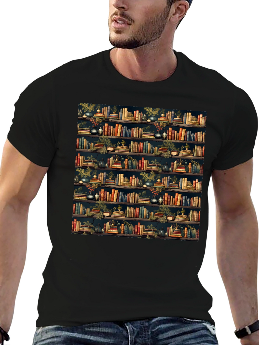 Book Shelf Patterned Black T-Shirt
