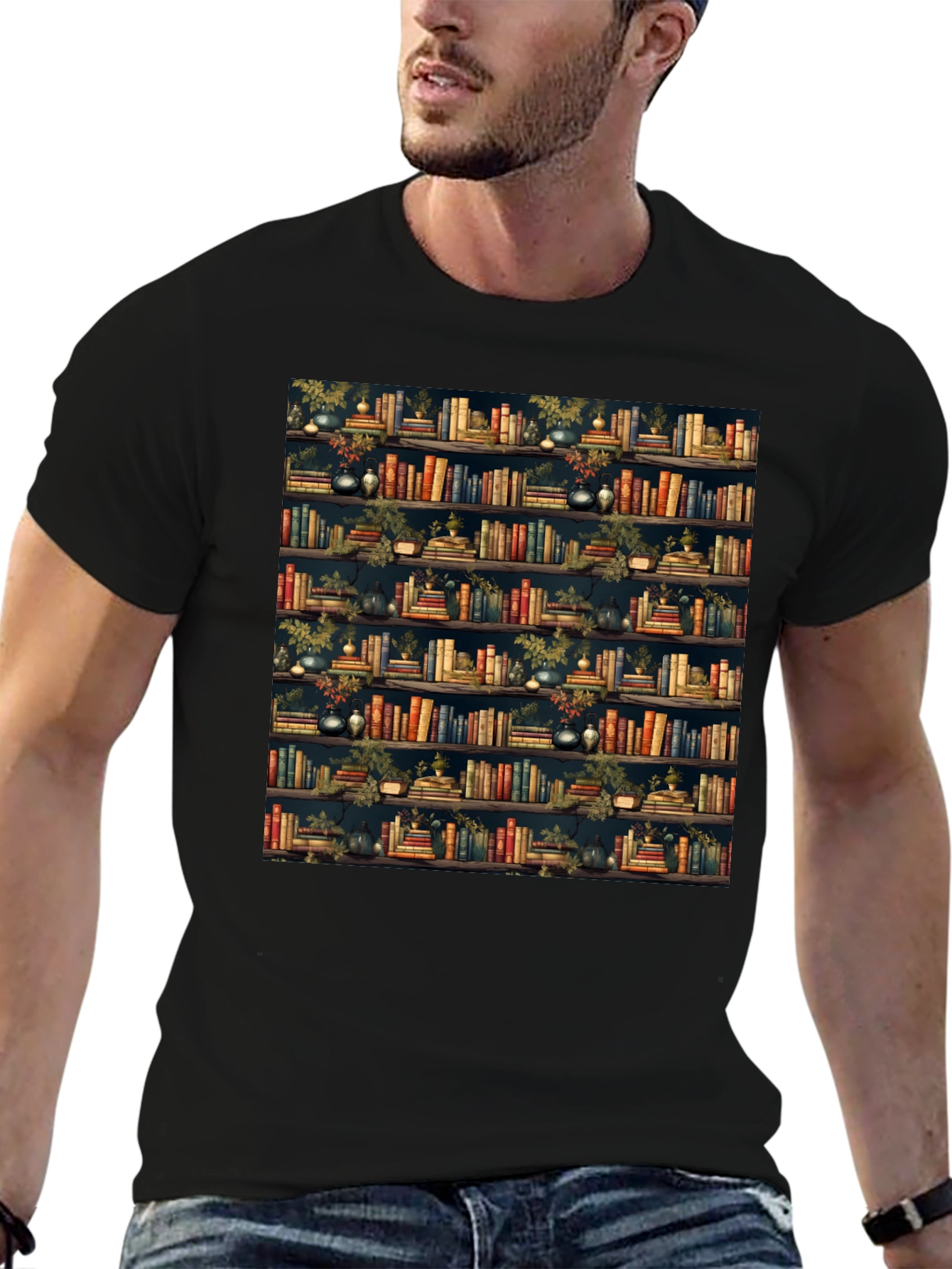 Book Shelf Patterned Black T-Shirt