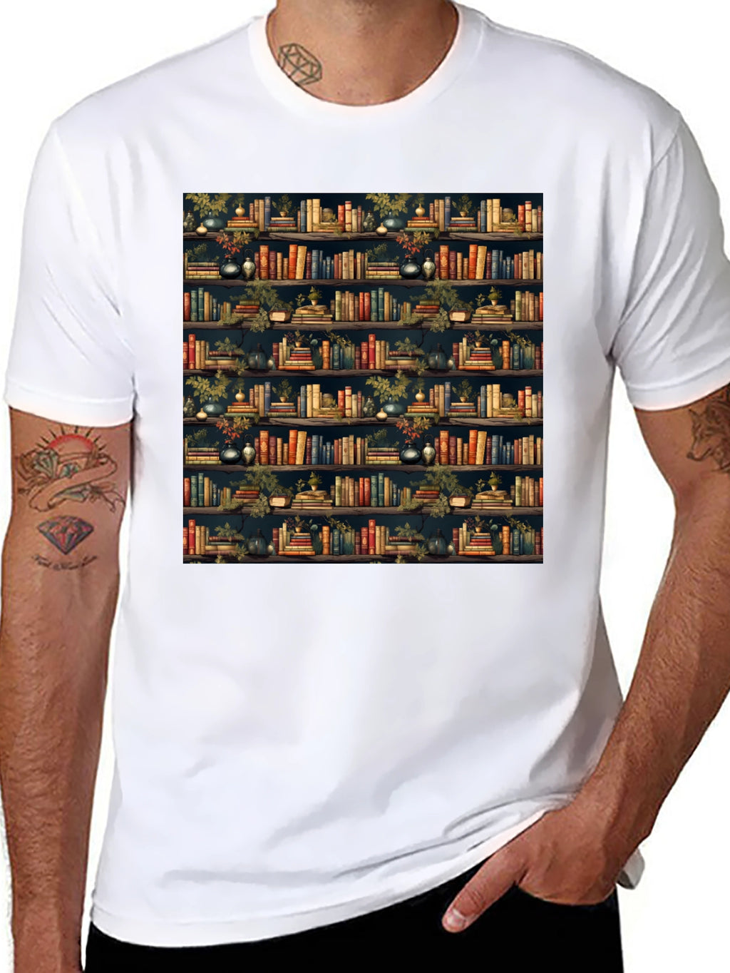 Book Shelf Patterned Black T-Shirt