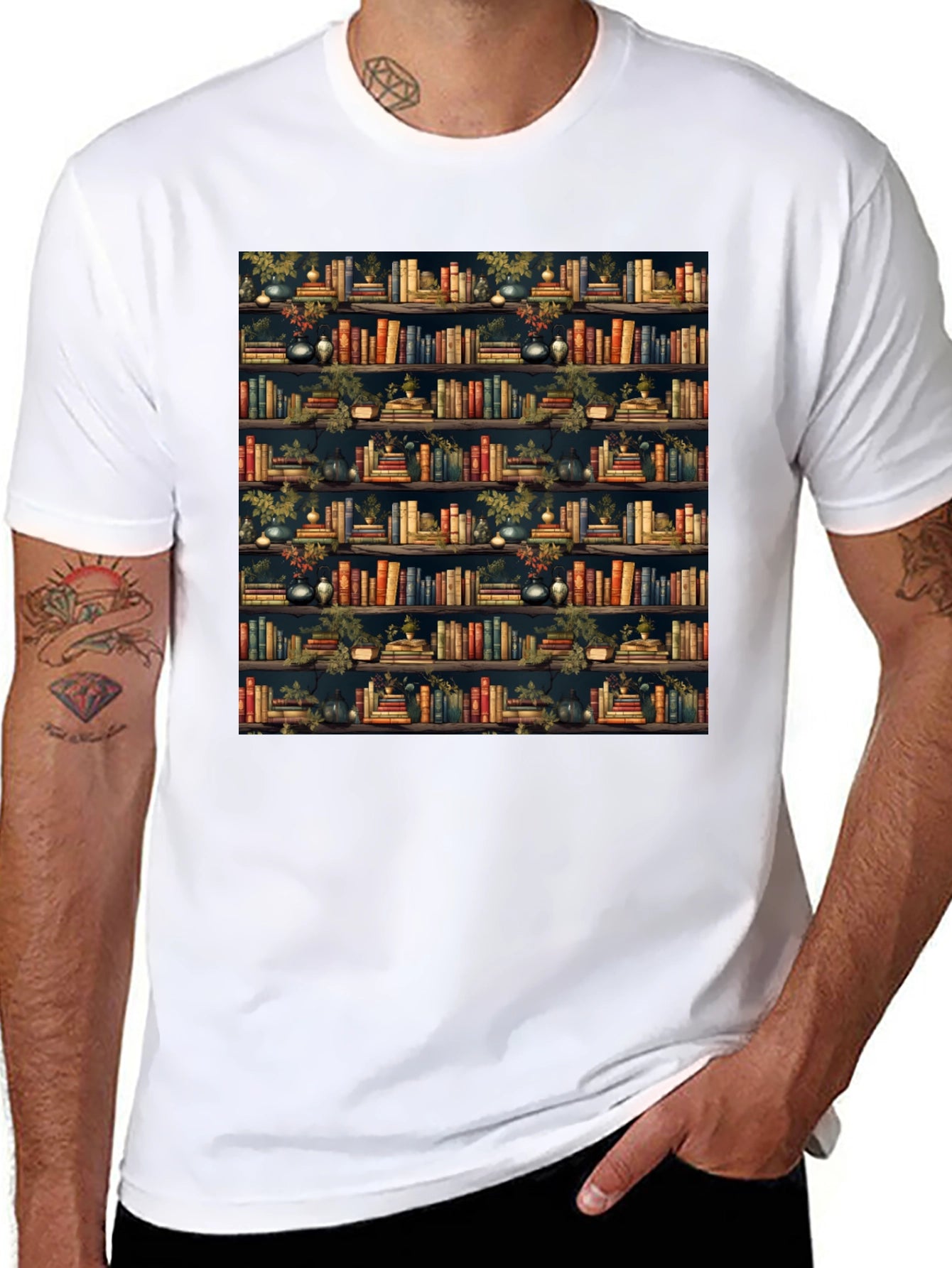 Book Shelf Patterned Black T-Shirt