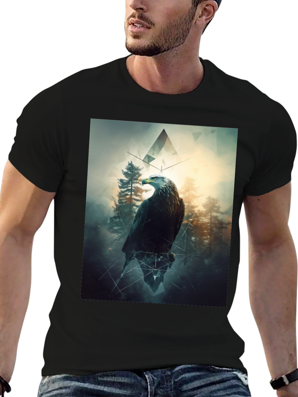 Eagle Forest Graphic Print Black T-Shirt