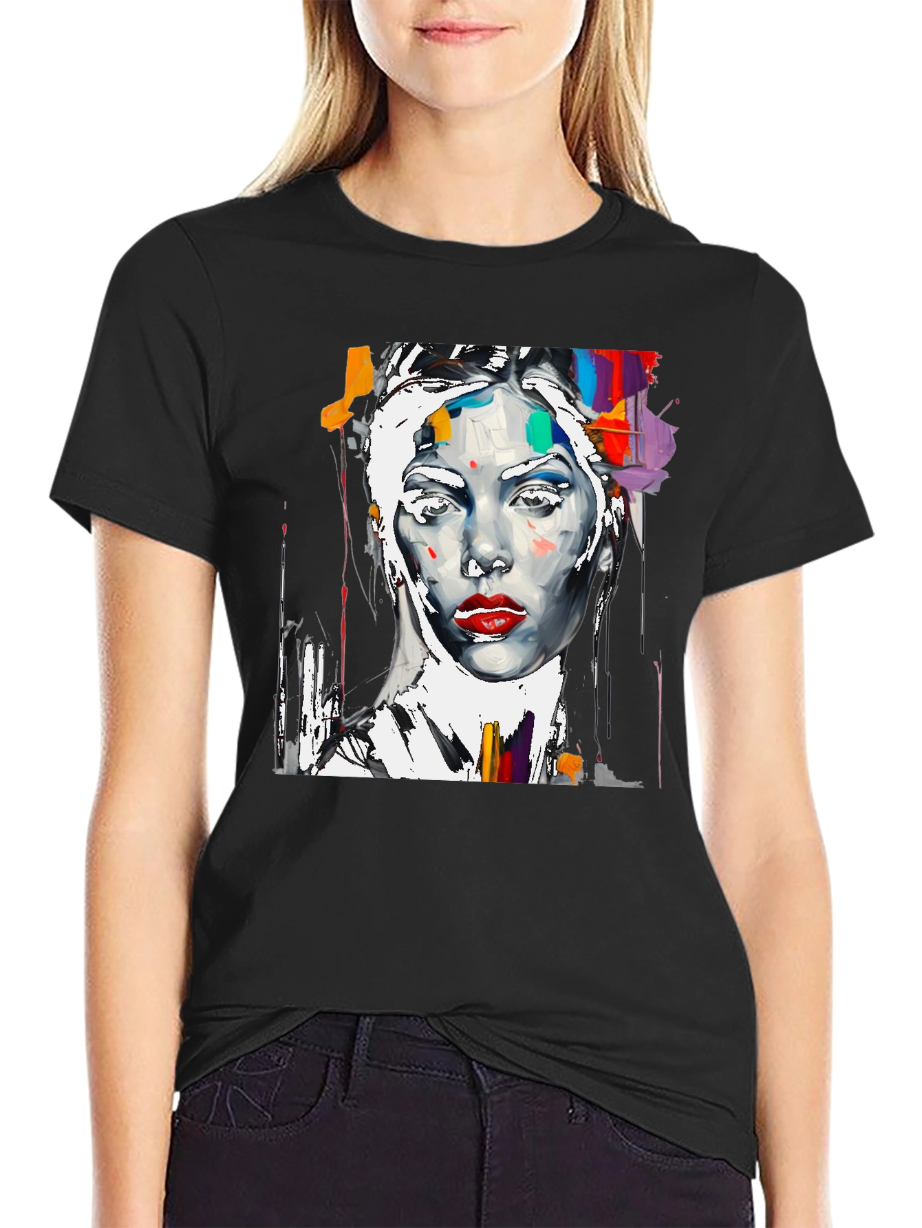 Abstract Woman Art Print Black Crewneck T-Shirt