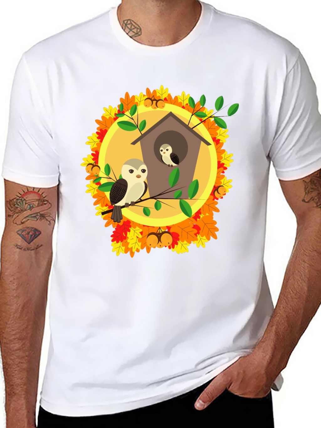 Autumn Owl House T-Shirt: Fall Bird Design