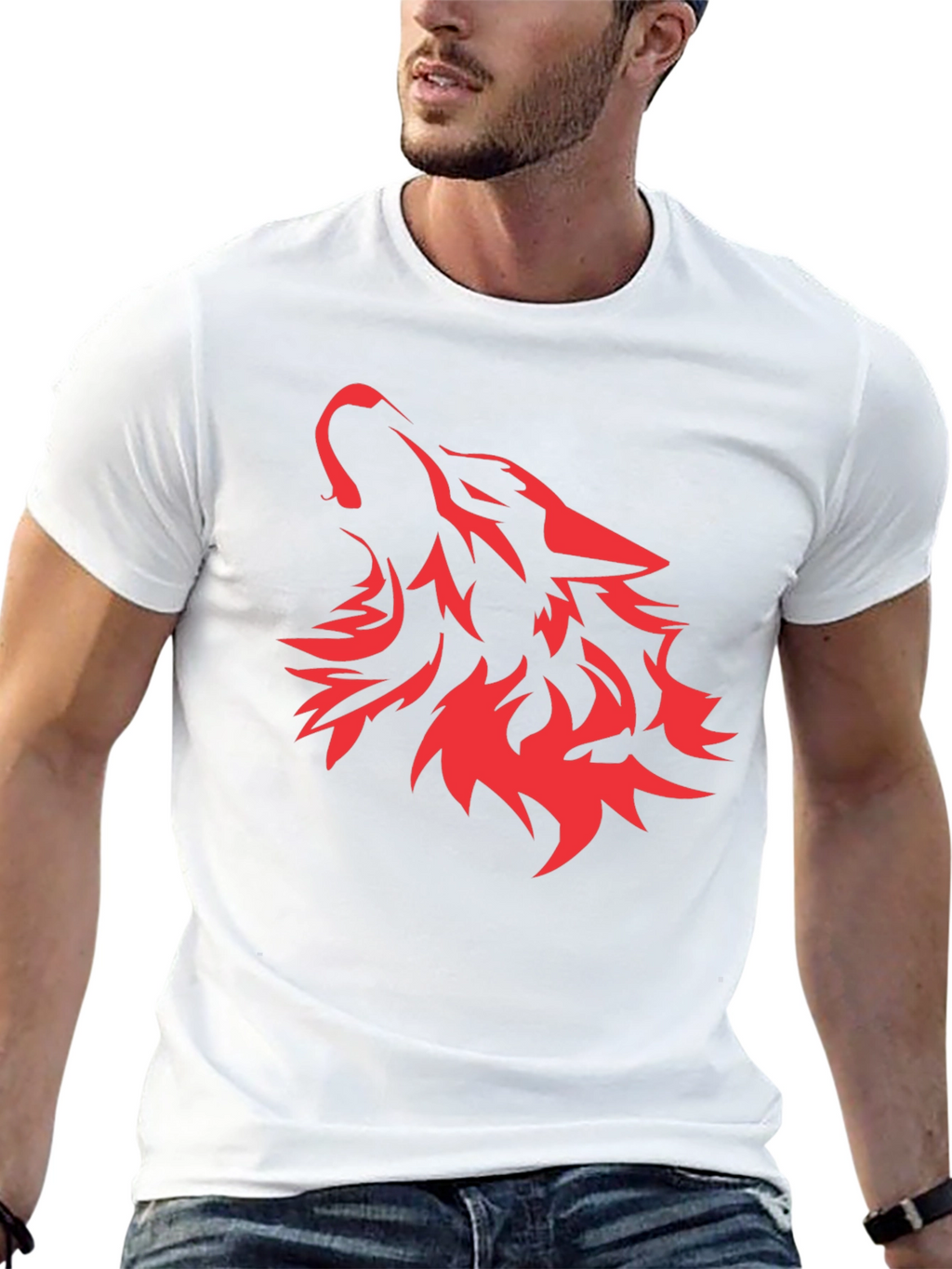 Red Wolf Graphic Print Black T-Shirt