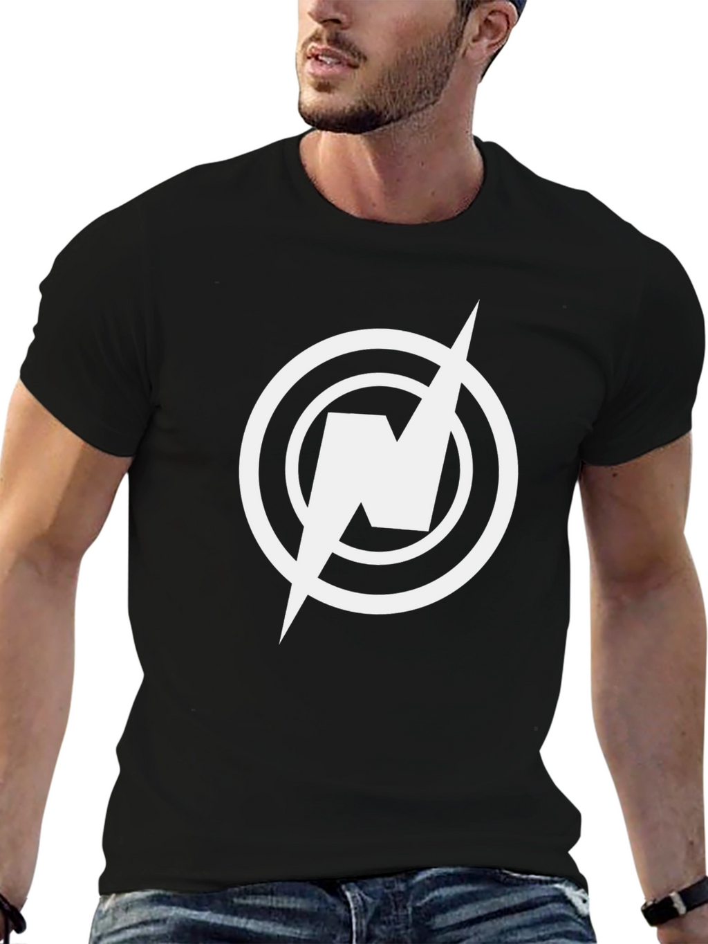 Black T-Shirt with Circular Lightning Bolt Logo