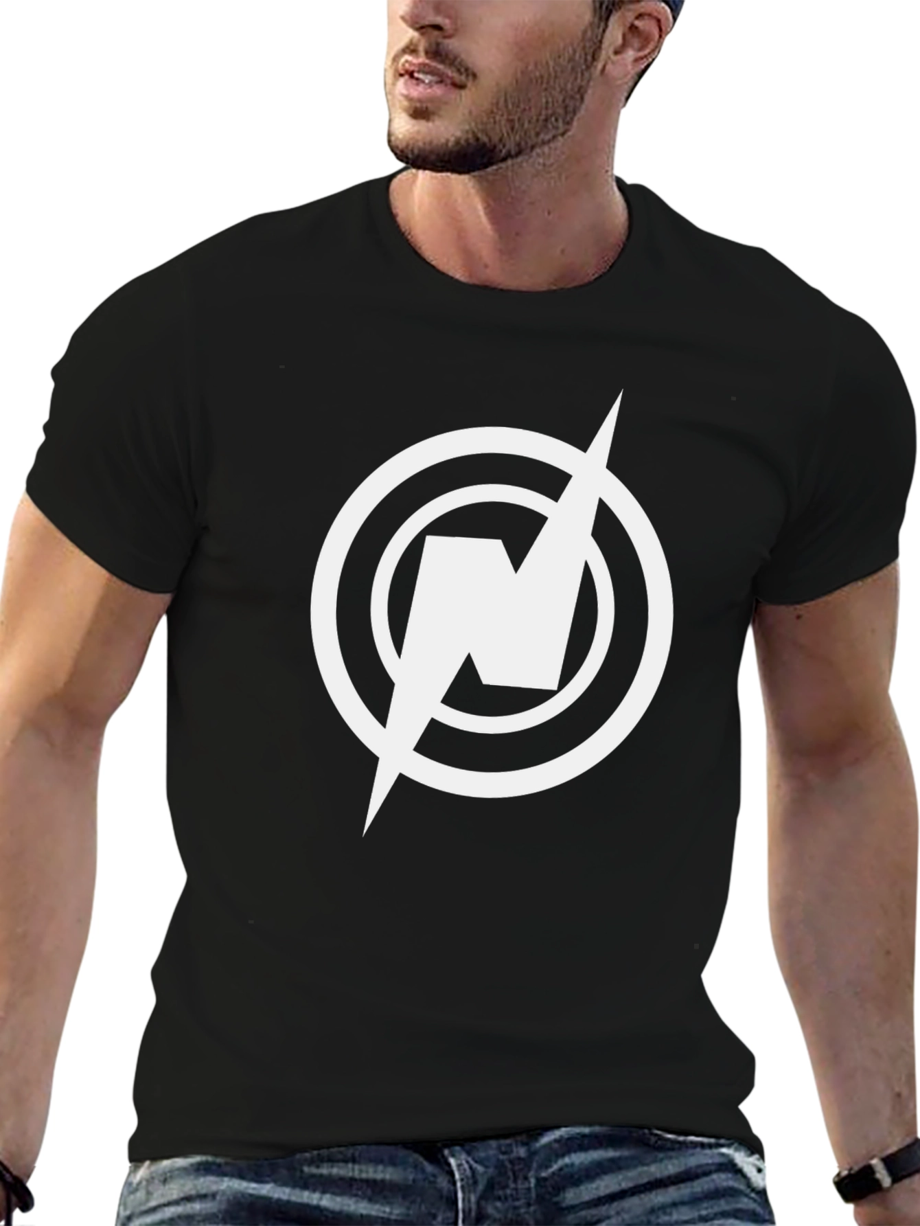 Black T-Shirt with Circular Lightning Bolt Logo