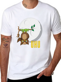 Cartoon Owl UHU Moon Graphic Black T-Shirt