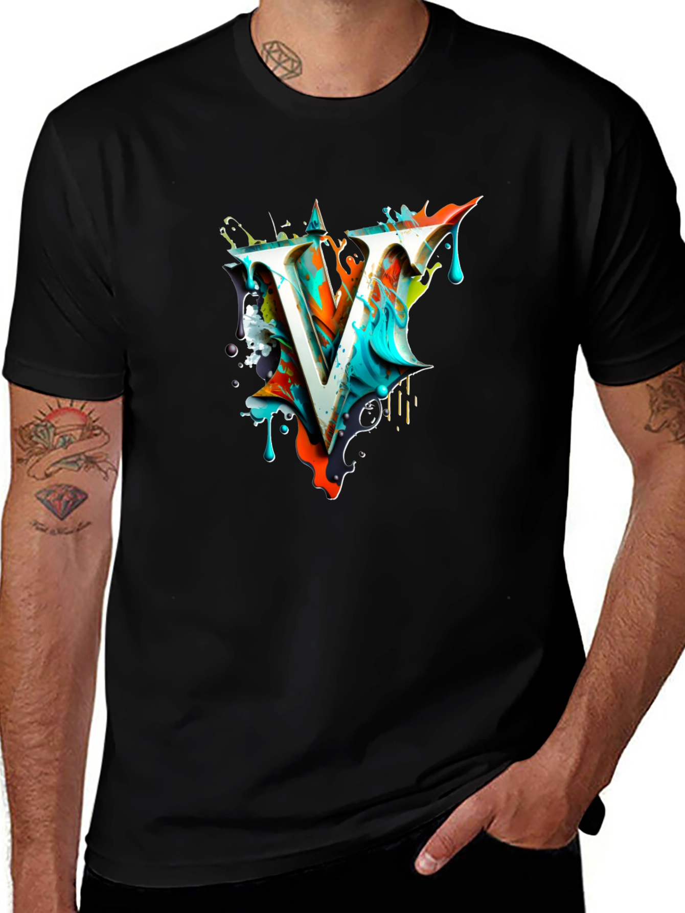 Abstract V Letter Black T-Shirt