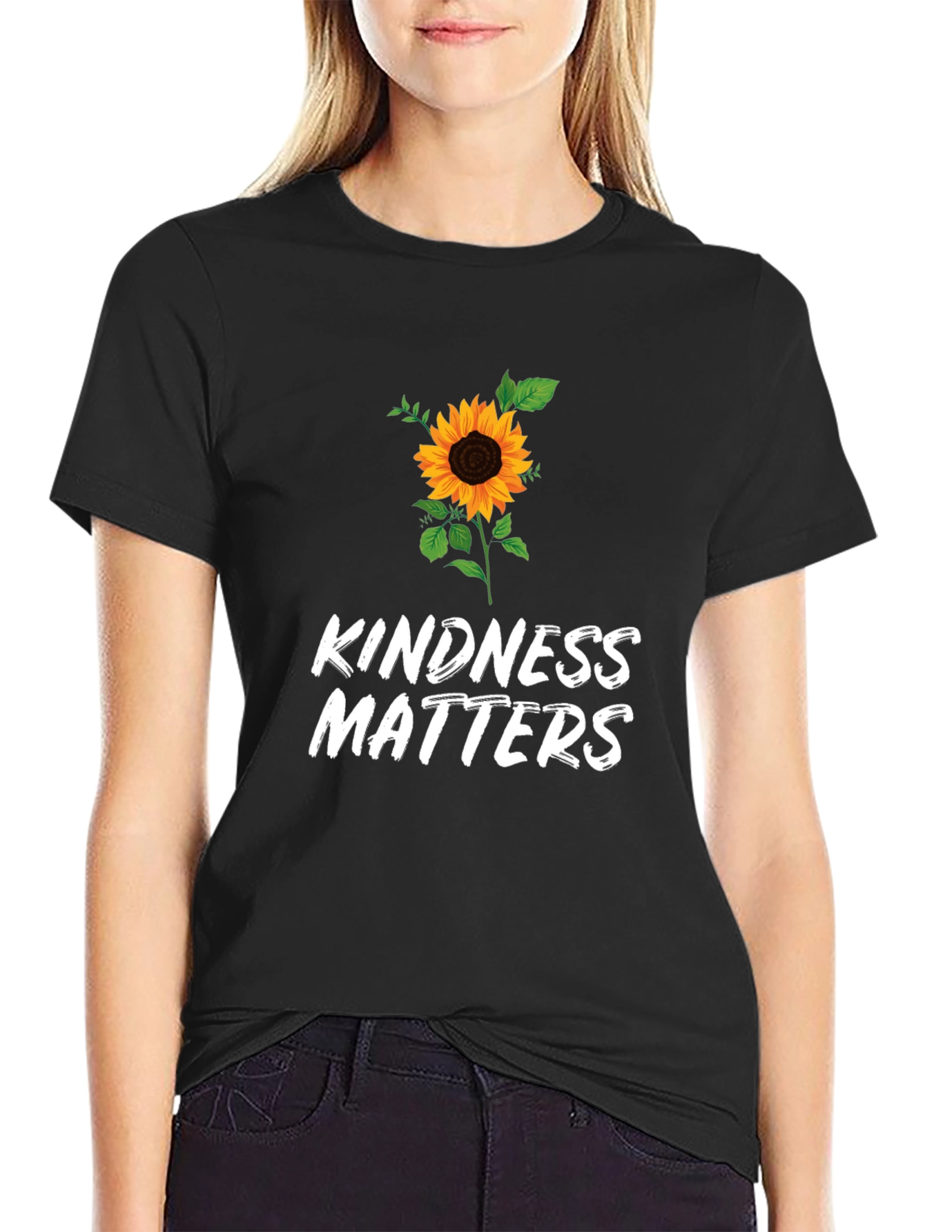 Kindness Matters Sunflower Graphic Black T-Shirt