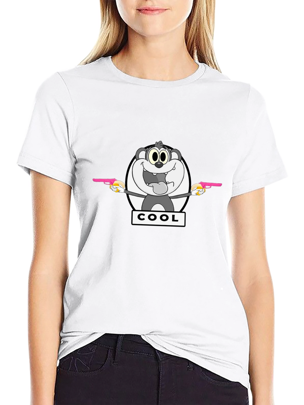 Cartoon Cool Bear Graphic Print Black T-Shirt