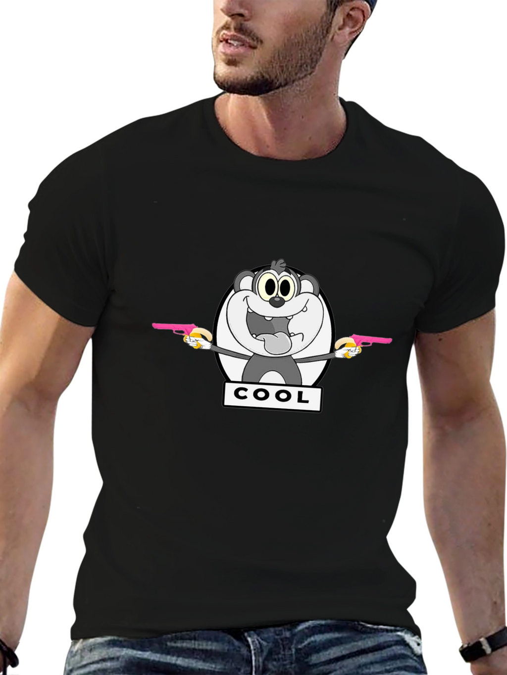Cartoon Cool Bear Graphic Print Black T-Shirt