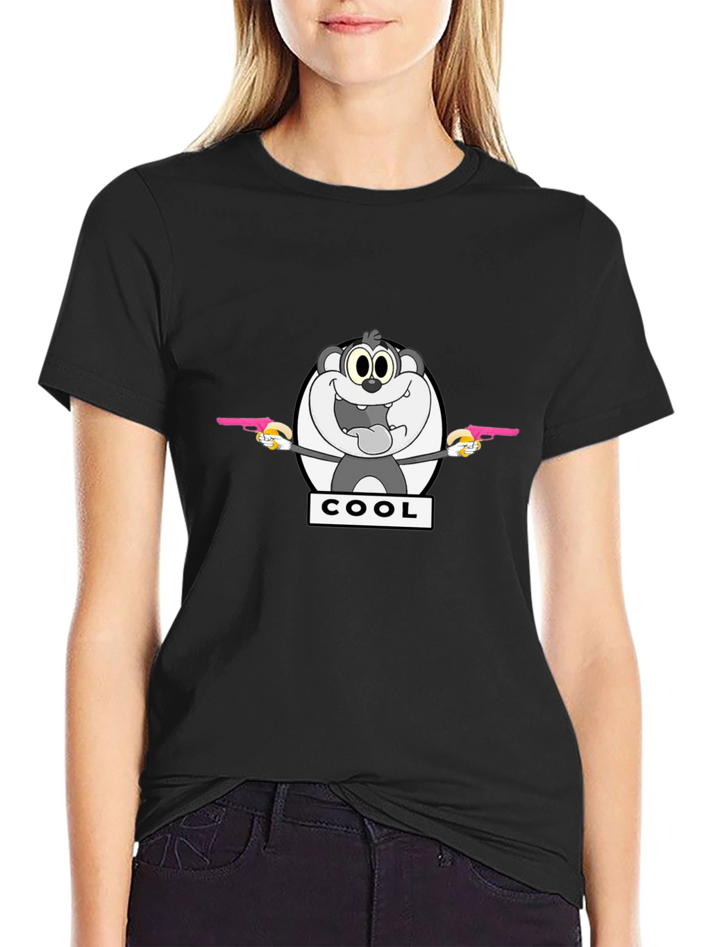Cartoon Cool Bear Graphic Print Black T-Shirt