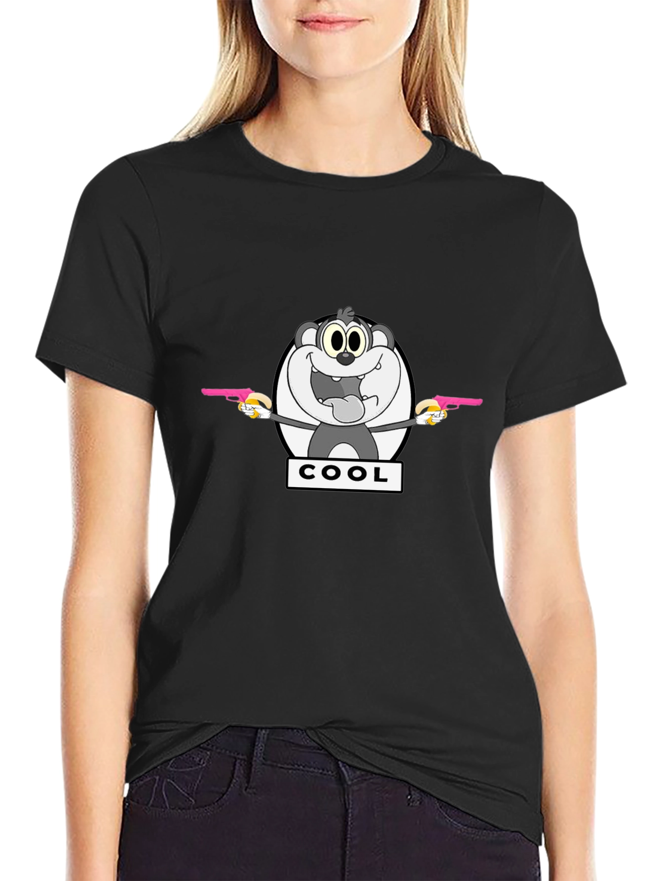 Cartoon Cool Bear Graphic Print Black T-Shirt