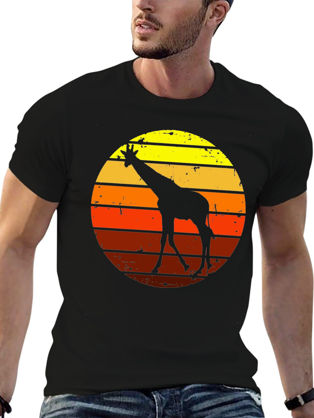 Retro Giraffe Sunset Graphic Tee - Black