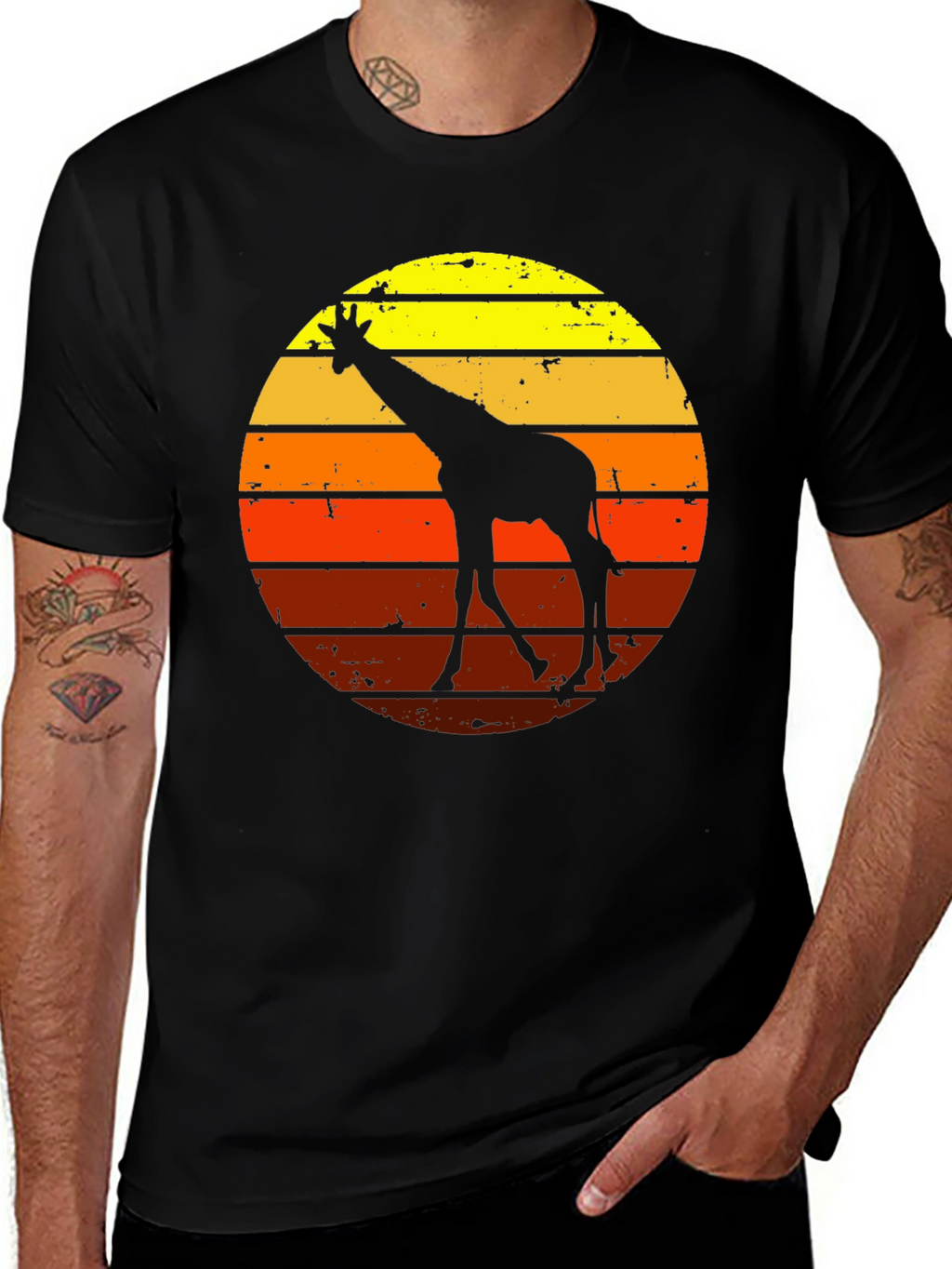 Retro Giraffe Sunset Graphic Tee - Black