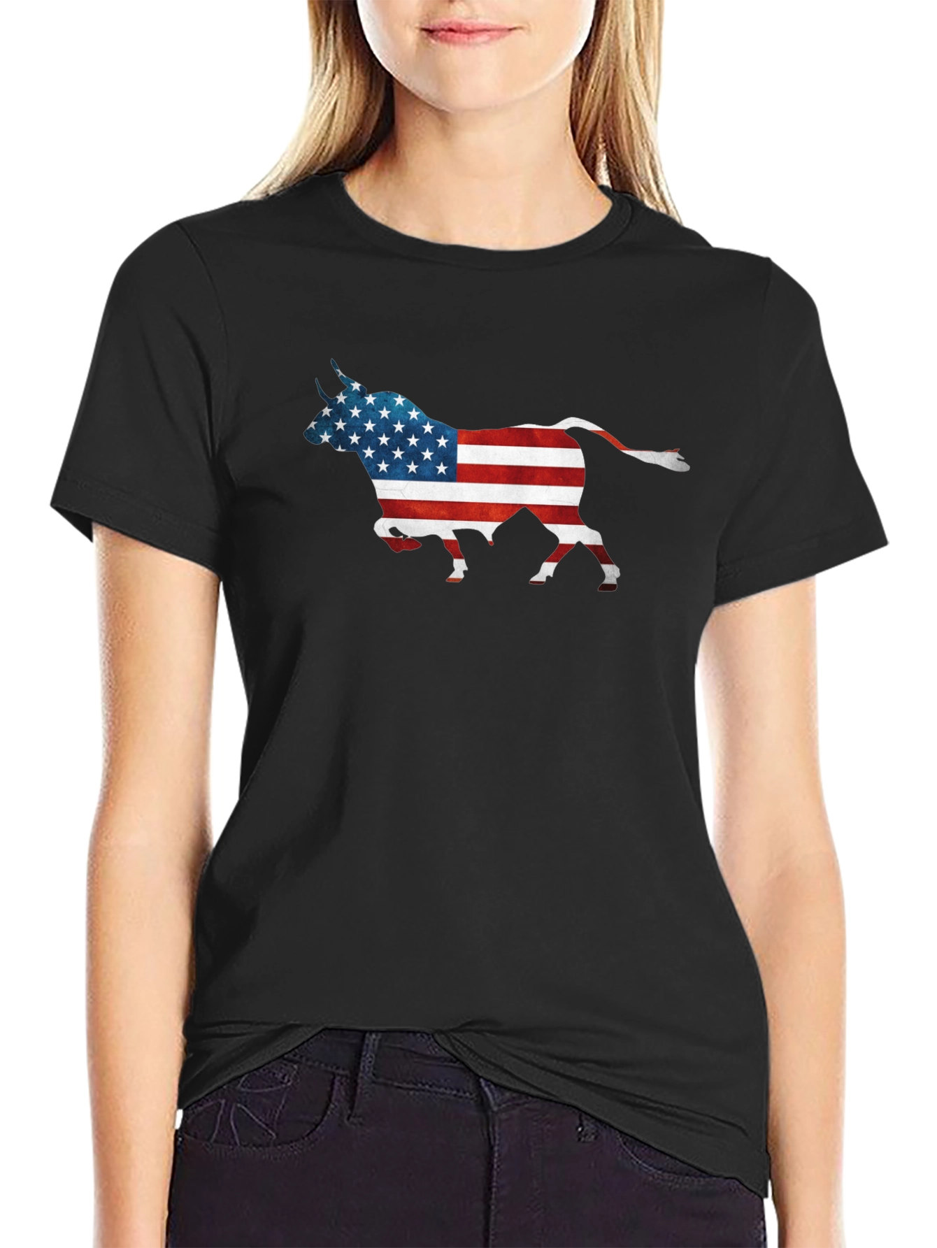 American Flag Bull Graphic T-Shirt - Patriotic Style