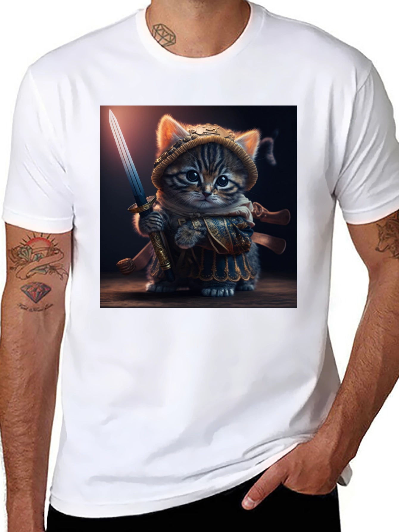 Samurai Cat T-Shirt - Warrior Kitten Graphic Tee