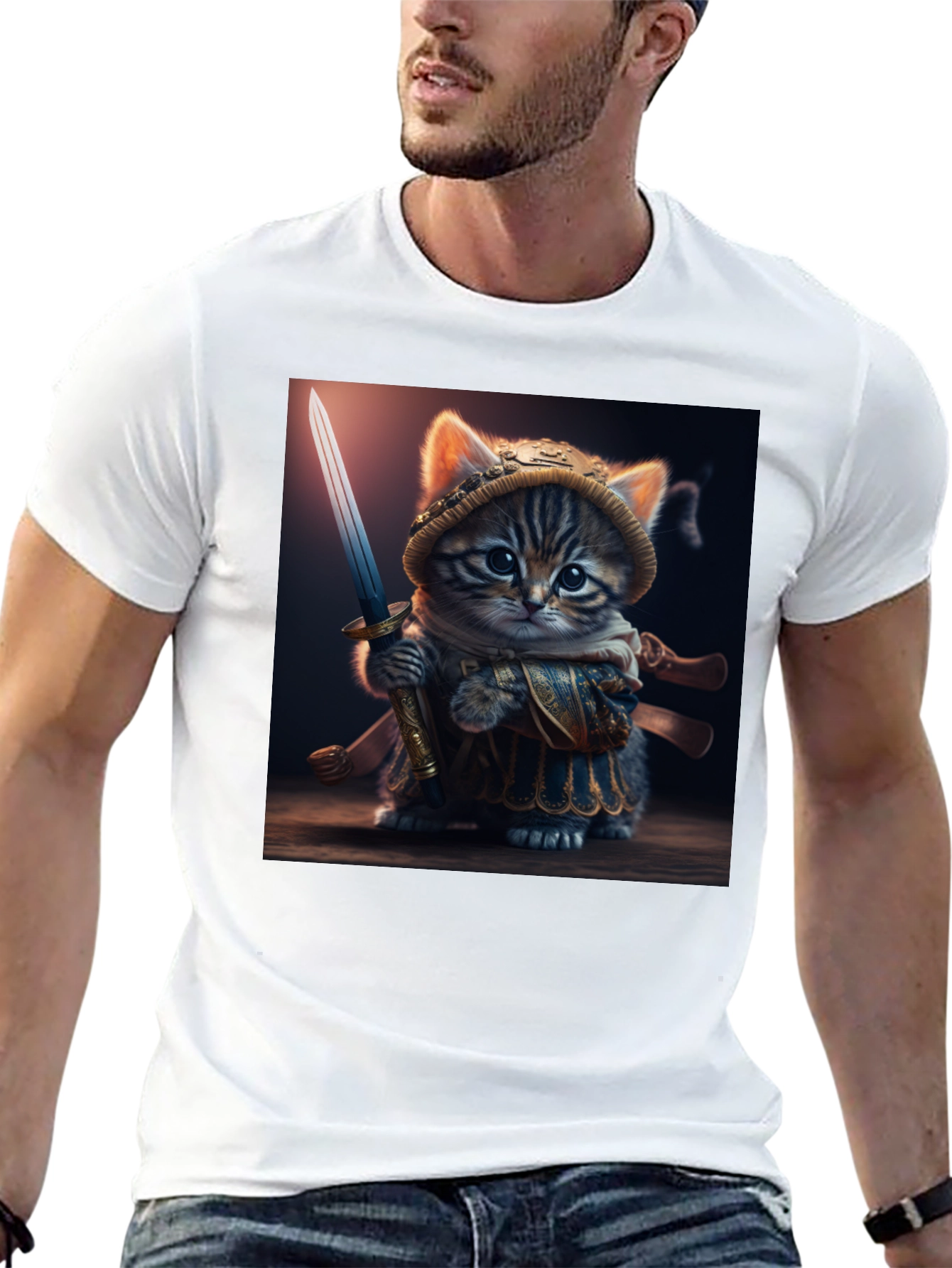 Samurai Cat T-Shirt - Warrior Kitten Graphic Tee