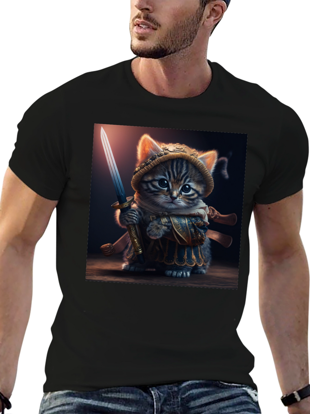 Samurai Cat T-Shirt - Warrior Kitten Graphic Tee