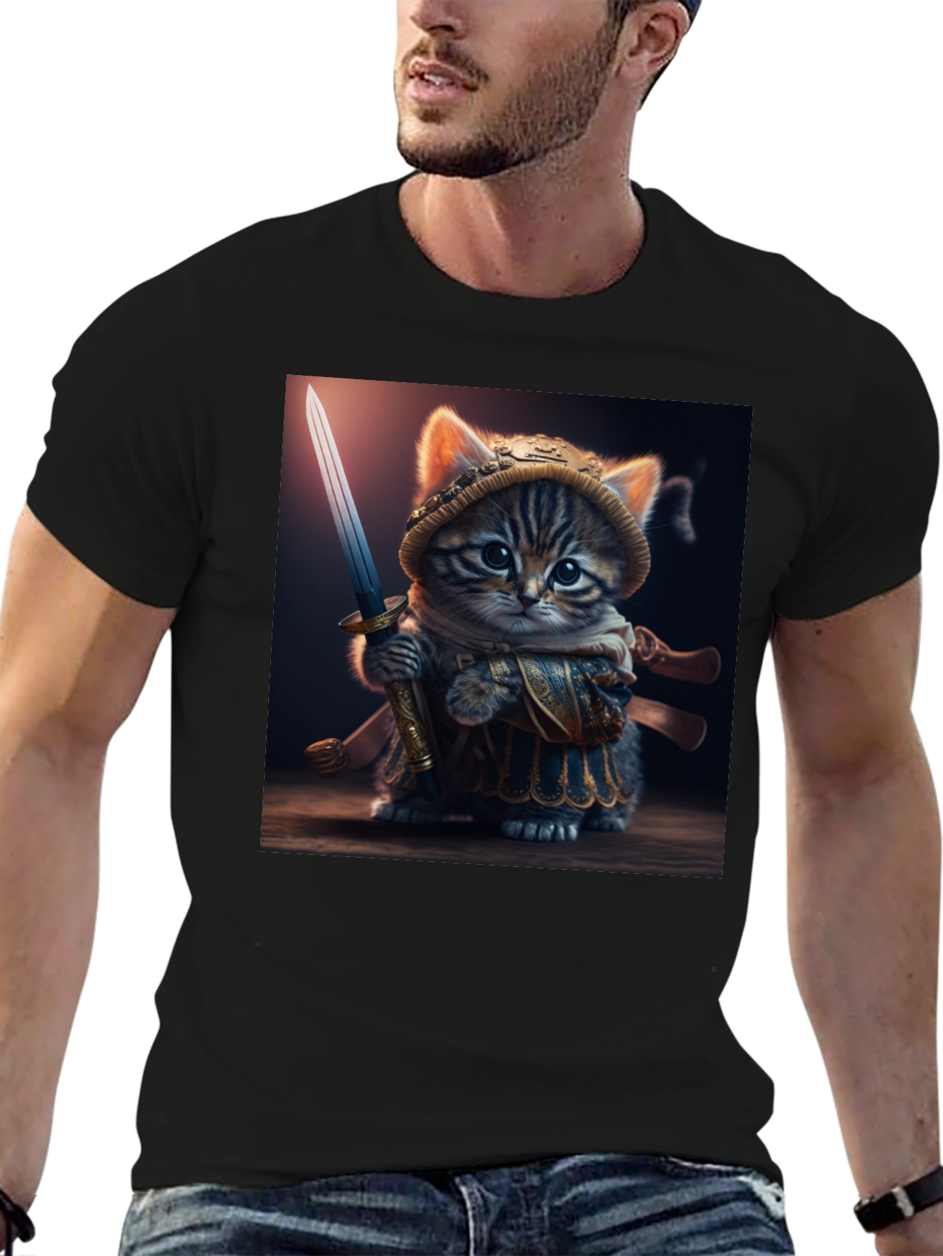 Samurai Cat T-Shirt - Warrior Kitten Graphic Tee