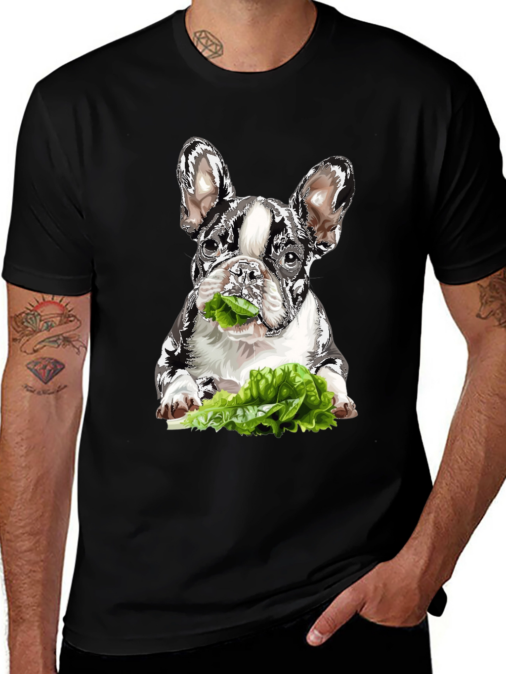 Dog Eating Lettuce Graphic T-Shirt - Black