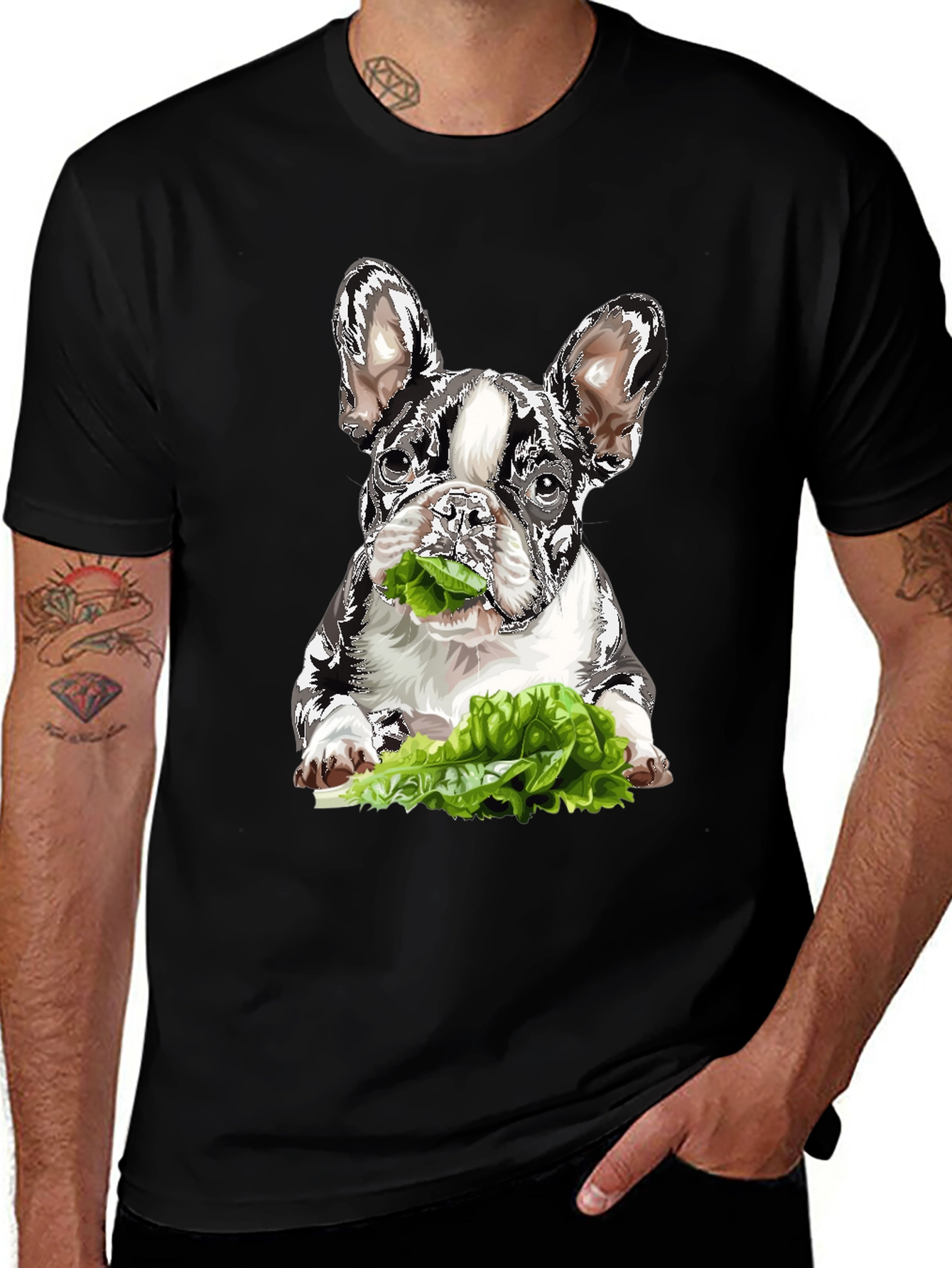 Dog Eating Lettuce Graphic T-Shirt - Black