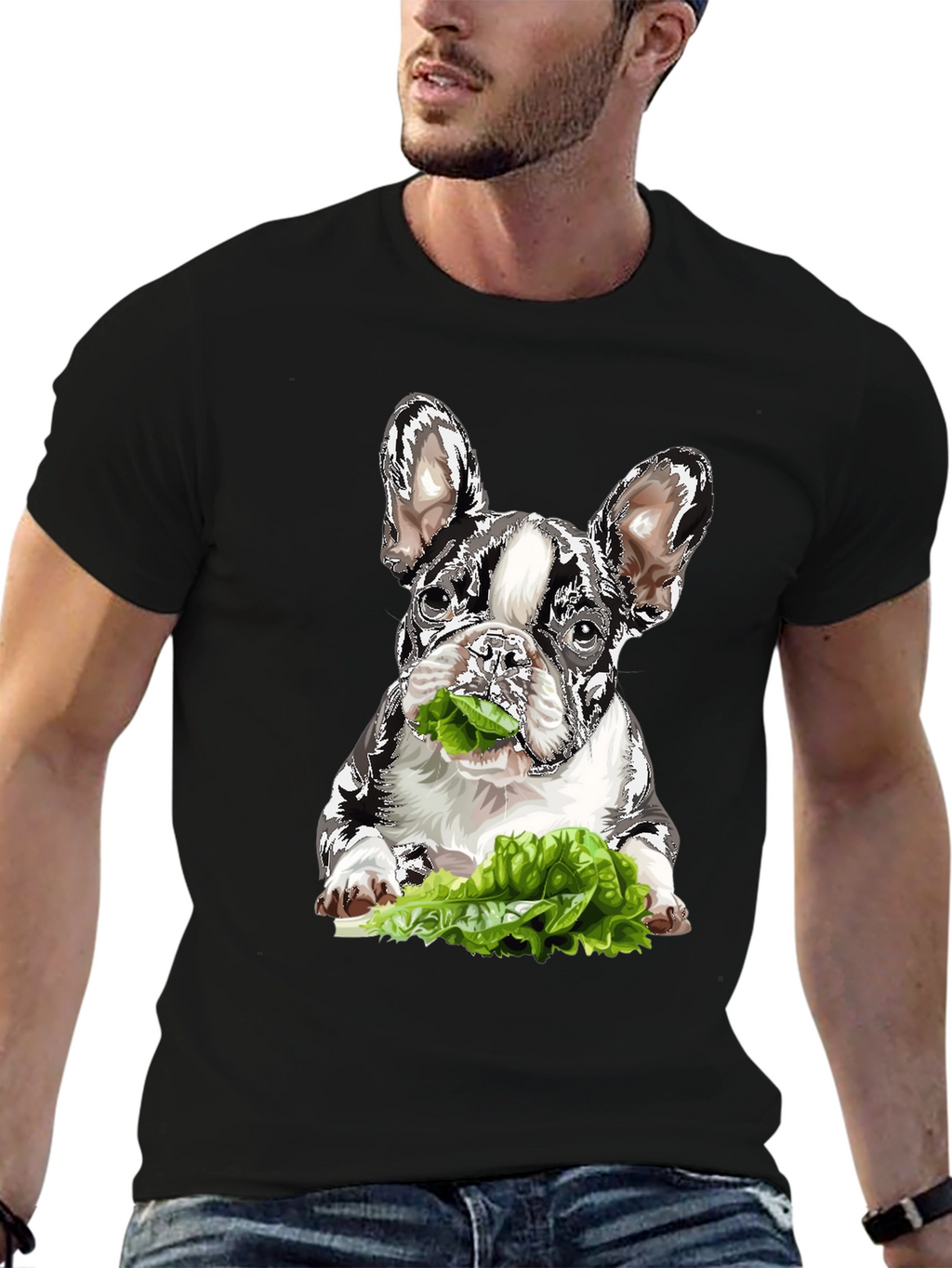 Dog Eating Lettuce Graphic T-Shirt - Black