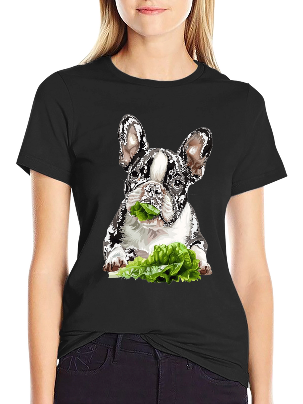 Dog Eating Lettuce Graphic T-Shirt - Black