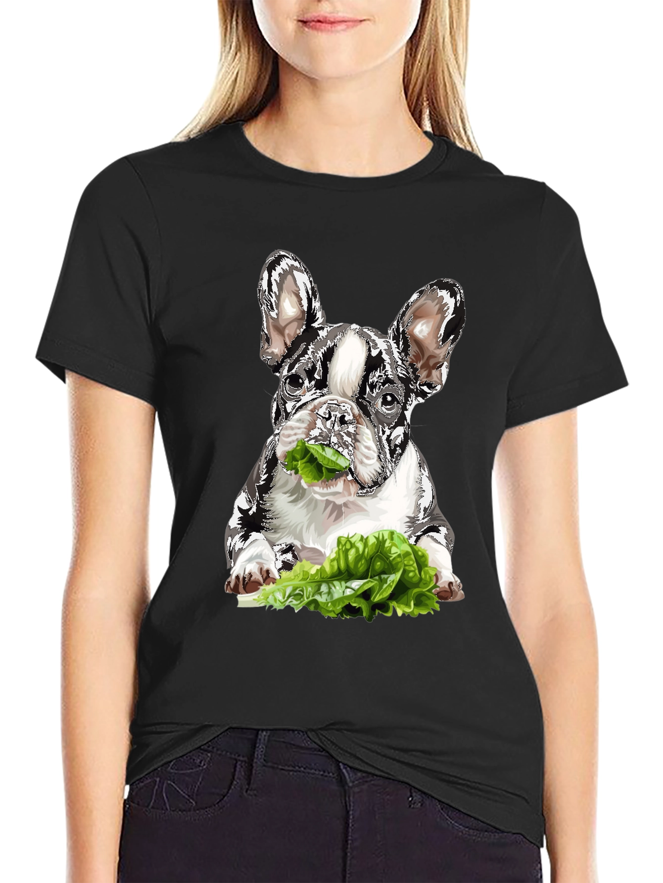 Dog Eating Lettuce Graphic T-Shirt - Black
