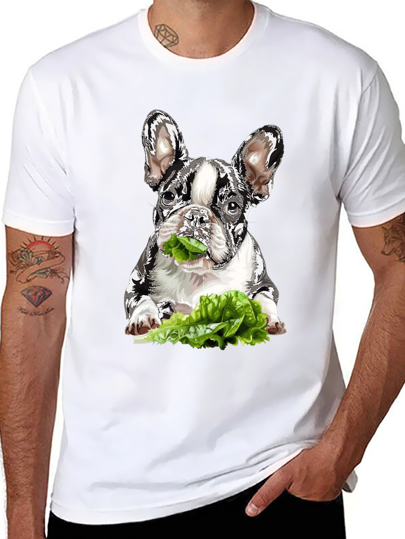 Dog Eating Lettuce Graphic T-Shirt - Black