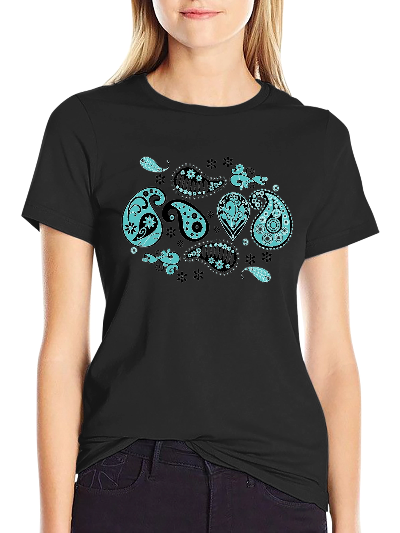 Paisley Print Black Crew Neck T-Shirt