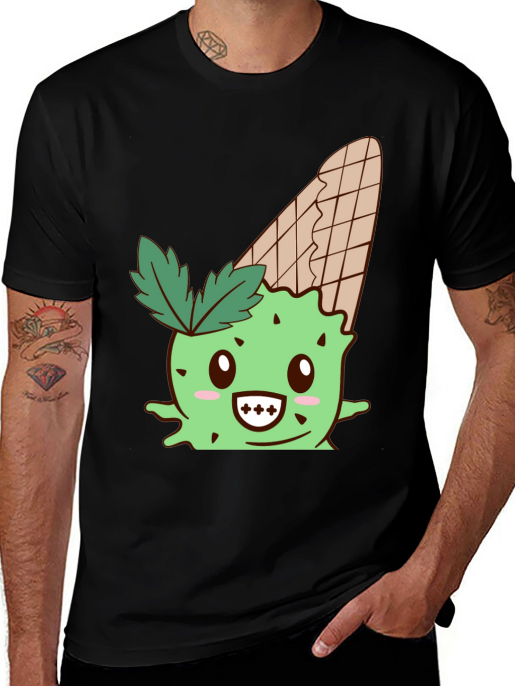 Cute Ice Cream Cactus Graphic Tee - Black