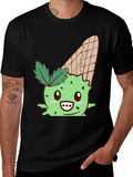 Cute Ice Cream Cactus Graphic Tee - Black